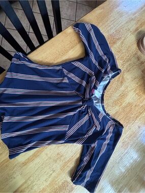 No Boundaries Navy Striped Knot-Front Top with Red and White Accents